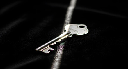 Single Metal Key on Dark Black Background Symbolizing Access Security and Opportunity