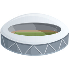 Isometric stadium with white roof and grey facade featuring a green field and light brown track under daylight clear sky perspective view