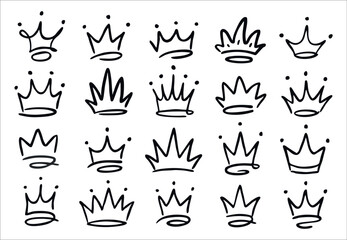 Fototapeta premium Hand drawn crown doodles set isolated on white background sketch style black ink outlines for king queen symbol and graffiti logo design element