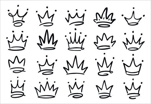 Hand drawn crown doodles set isolated on white background sketch style black ink outlines for king queen symbol and graffiti logo design element