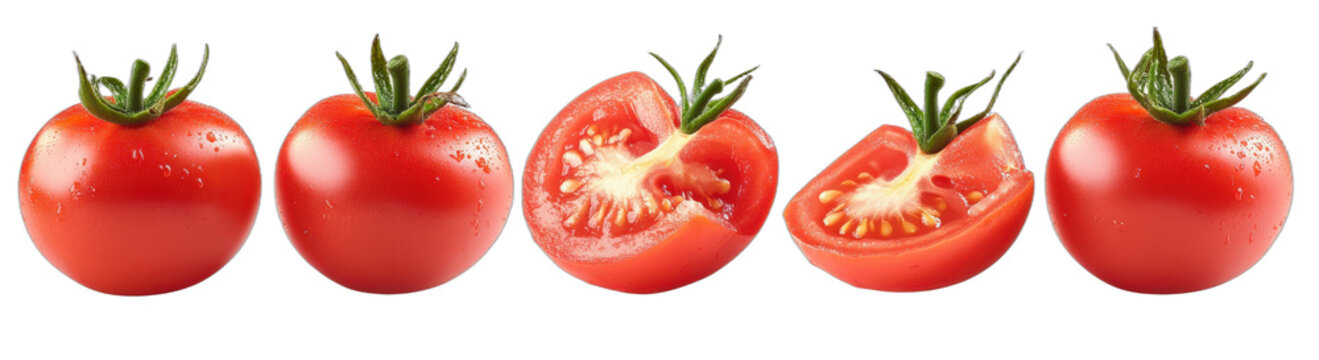 Fresh red tomatoes in a row showing whole and sliced ones