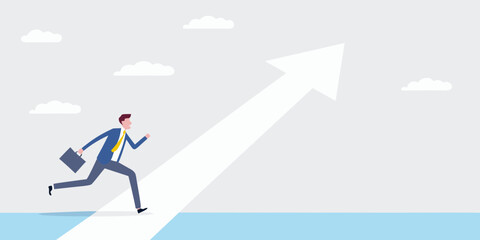 Businessman running upward arrow towards success