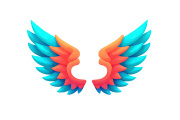 Obraz premium Colorful angel wing illustration with blue, orange, and red feathers, fantasy style, isolated on transparent background, vibrant and magical design, evokes sense of wonder