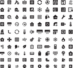 Fototapeta premium Air conditioning glyph icons set. HVAC system, temperature, humidifier, heater, compressor, climate control