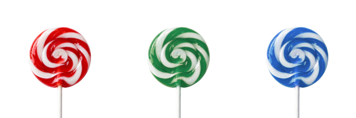 Set of three swirl lollipops in red, green, and blue on a transparent background