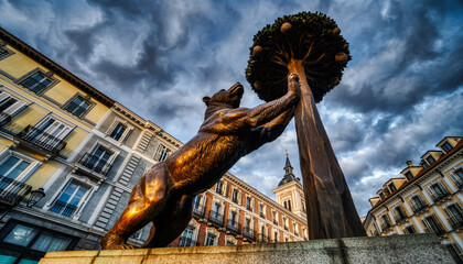 Low-angle shot of a bronze statue in a modern urban setting with historic buildings in the background in a city square, Spain, under a cloudy sky with warm tones.
