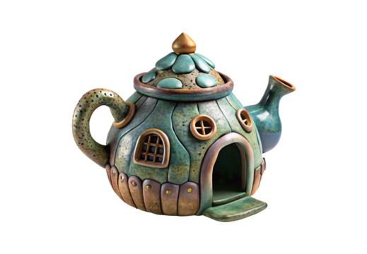 Enchanted teapot house featuring turquoise patina and gemstone roof, isolated on a transparent background - Powered by Adobe
