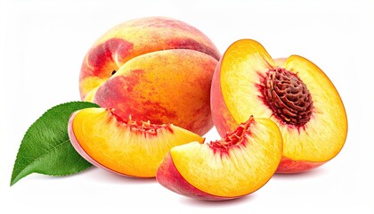 Ripe Peaches with Slices and Leaves on White Background