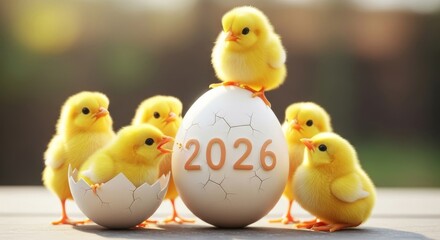 Baby Chicks and Cracked Egg with Date - Adorable baby chicks surround a cracked egg labeled 2026, symbolizing springtime and new beginnings