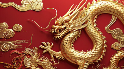 Golden dragon decorative pattern on red background creating elegant Chinese New Year festive theme for design use