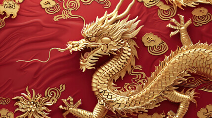 Golden dragon decorative pattern on red background creating elegant Chinese New Year festive theme for design use