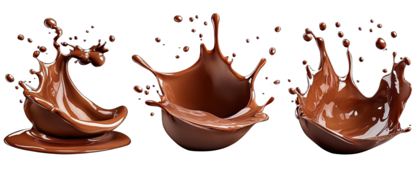 Three splashes of chocolate with droplets and smooth shapes