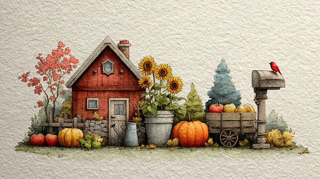 autumnal still life vintage style composition with harvest bounty watercolor pumpkins sunflowers warm earth tones nostalgic thanksgiving aesthetic