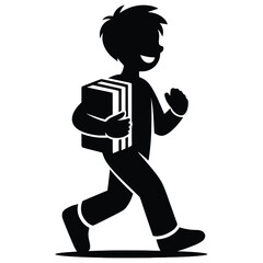 A boy is walking and carrying books isolated on white background, he is smiling and happy to study at school