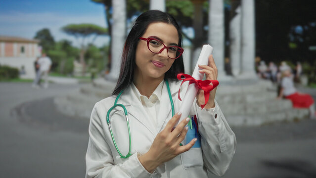 Young hispanic woman doctor holding diploma with stethoscope on street celebrating graduation outdoors in uniform.