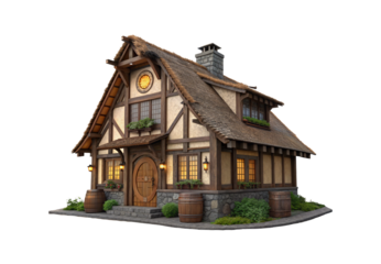 Charming medieval tavern with timber framing and glowing windows, isolated on a transparent background