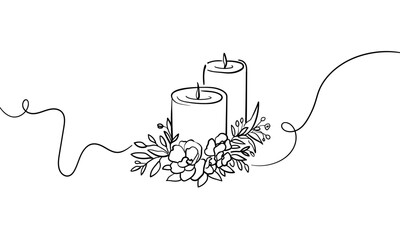 Wedding decor, continious line drawing. Candles with flowers outline. Vector illustration