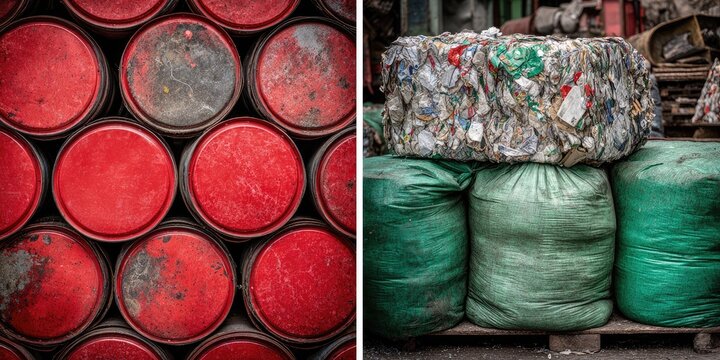 Stacked red barrels and recycled waste - Powered by Adobe