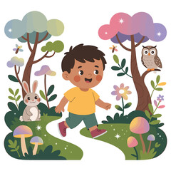 A happy little boy is walking on a path in a magical forest with friendly animals and colorful mushrooms
