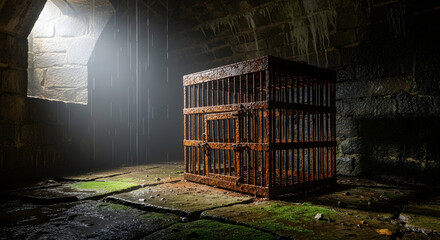 Eerie Abandoned Iron Cage in Dark Moody Medieval Dungeon with Dramatic Light Beam