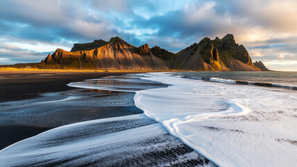 Dramatic Vestrahorn Mountain Range on a Black Sand Beach in Iceland at Sunset