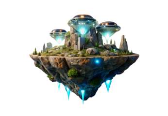 Futuristic floating island with glowing crystalline structures and vegetation, isolated on a transparent background
