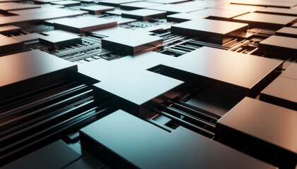 Futuristic metallic grid of raised reflective square panels with visible circuit-like pathways, cool-blue to warm-orange gradient lighting and dramatic depth.