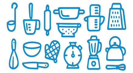 Kitchen. Cooking. Line Art. A blue vector icon set of various kitchen tools and appliances in a hand drawn doodle style for a recipe book, a food blog, or a cooking class graphic.