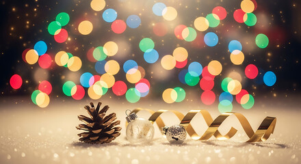 Elegant festive arrangement with a rustic pinecone, golden ribbon, and sparkling ornaments, bathed in the soft glow of colorful bokeh lights, perfect for holiday greetings and seasonal celebrations