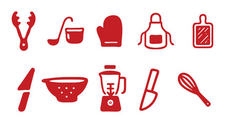Kitchen. Tool. Cooking. A red vector silhouette icon set of essential kitchen utensils and appliances for a culinary school logo, a recipe app, or a restaurant menu design element.