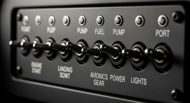 Aircraft control panel details showcase aviation technology and precision engineering for flight management