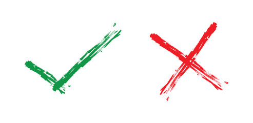 tick and cross mark. hand-drawn tick and cross icon set. brush green check and red cross png and vector illustration on transparent background. © MdTaiburRahman