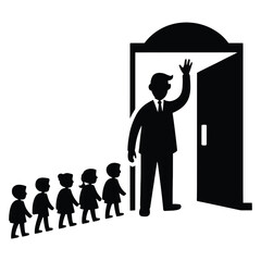 A teacher waves goodbye to a line of small children as they leave school isolated on white background