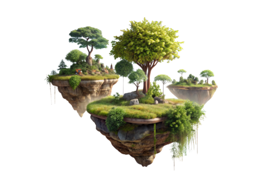 Multi-layered floating islands with trees, waterfalls and vegetation at different heights, isolated on a transparent background