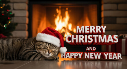 Cat Celebrating Christmas by Fireplace - A tabby cat wearing a Santa hat sleeps in front of a fireplace with holiday greetings