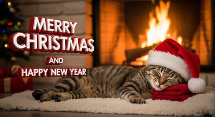 Cat Napping in Christmas Setting - A cute cat sleeps with a Santa hat on a rug near a fireplace with Christmas greeting text