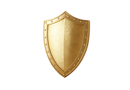 Plain golden metallic shield with studded border and smooth polished surface, isolated on a transparent background