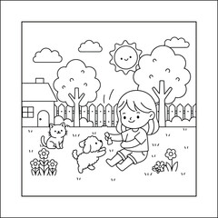 Girl Playing with Dog and Cat Coloring Page: Bold and Easy Garden Scene for a Cozy Moment Friendship