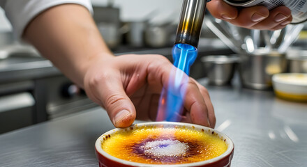 Chef Caramelizing Cr me Br l e Sugar Topping with Culinary Torch in Professional Kitchen