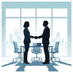 Business people shaking hands in office with city view, symbolizing partnership and agreement, vector illustration