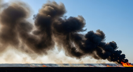 Thick Black Smoke Billowing from Industrial Fire Against Bright Blue Sky