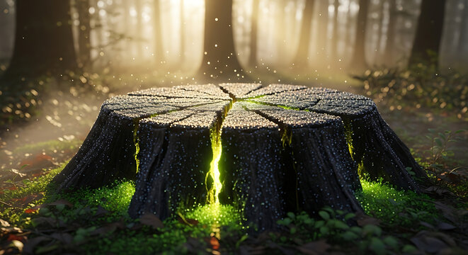 Mystical forest stump illuminated by ethereal green light