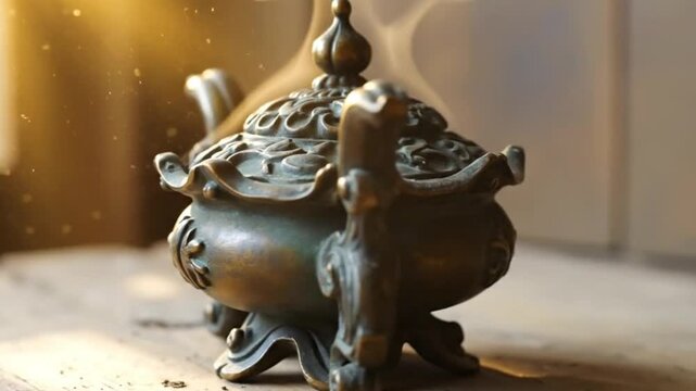 An ornate, antique-style bronze censer with intricate scrollwork sits on a wooden surface. As the camera circles, delicate smoke and golden particles rise from its lid, creating a serene, mystical.