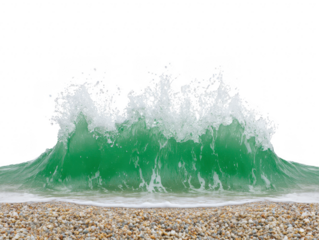 Green ocean wave crashing on pebble beach with white sea foam, isolated on transparent background, dynamic water splash, natural coastal scene, refreshing and energetic atmosphere