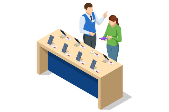 Isometric illustration of a sales assistant showing a smartphone to a female customer in a retail tech store with demo devices on the table. Mobile smartphones series shown on retail display