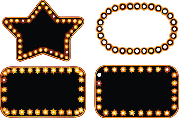 Retro illuminated sign frames with starbursts, perfect for vintage displays, promotional banners, or adding a touch of old-school glamour to any design project