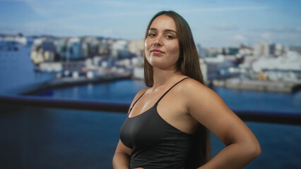 Woman in black tank top with exposed chest and hands on hips standing by a waterfront railing on...