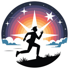 Silhouette of a person running towards a bright star in a colorful night sky with clouds and grass landscape