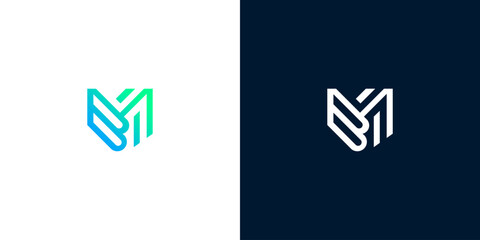 Abstract letter M or V monogram logo design in a modern geometric shield shape with a vibrant blue and green gradient