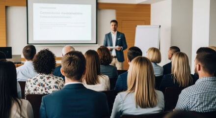 Professional man in suit delivering a business presentation to a diverse audience in a conference room, sharing insights